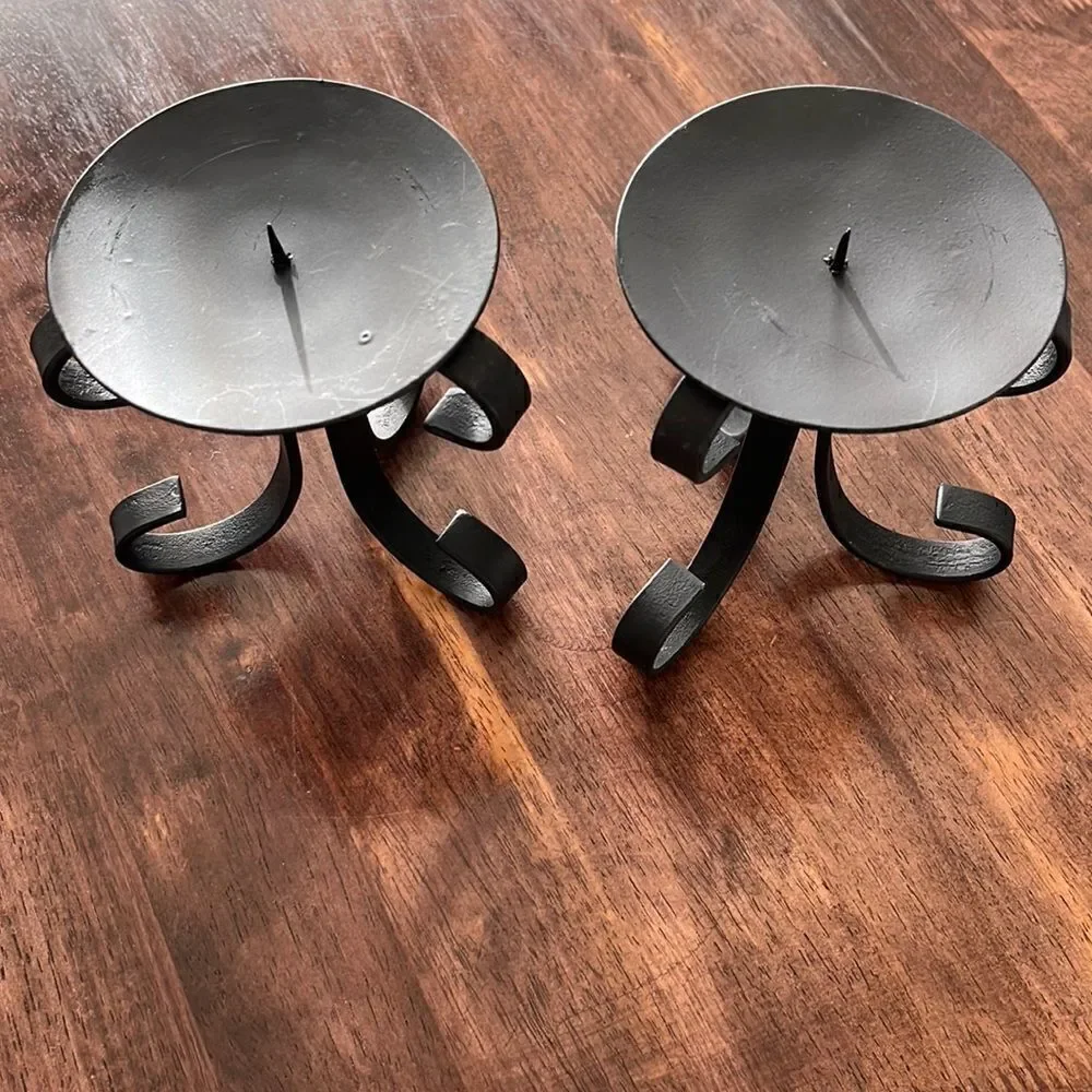 Set of 2 Black Wrought Iron Pillar Candle Holders